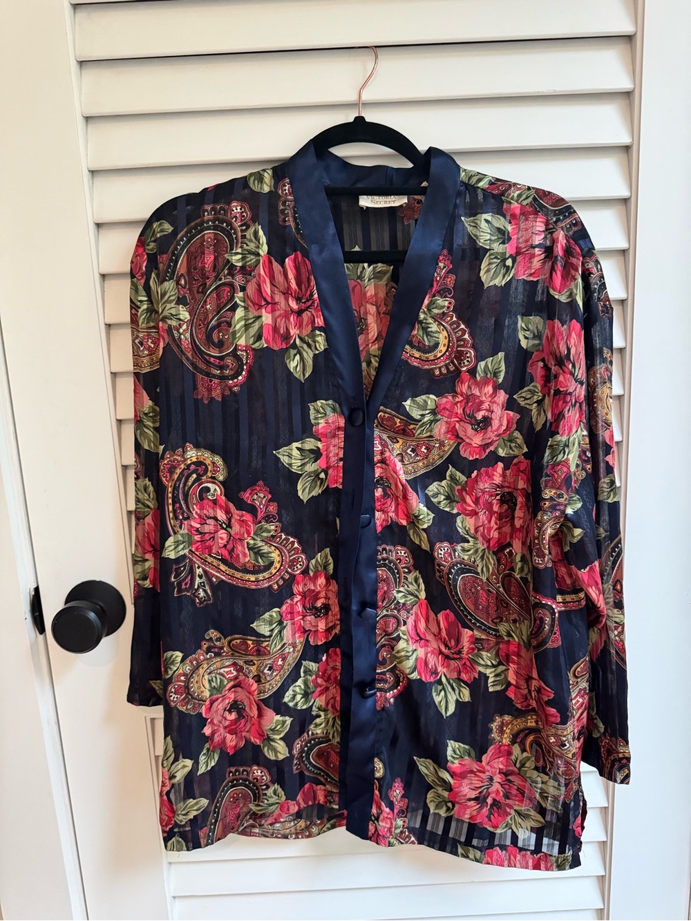 Victoria's Secret Navy Floral Paisley Satin Blouse with Pink Roses
